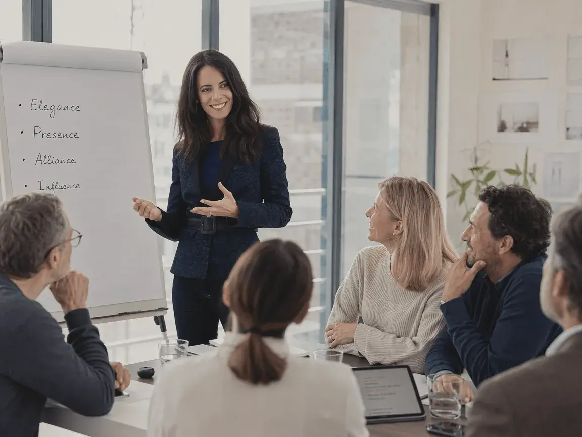 Carine Landau leading a corporate workshop with a group of employees